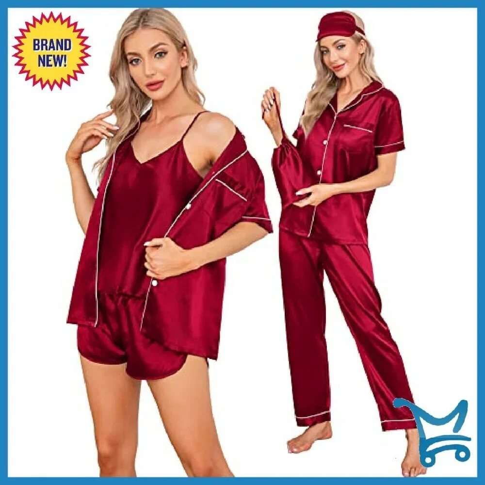 Silk Satin Pajama Set 7pc Sleepwear Cami Shorts Button Down Lounge